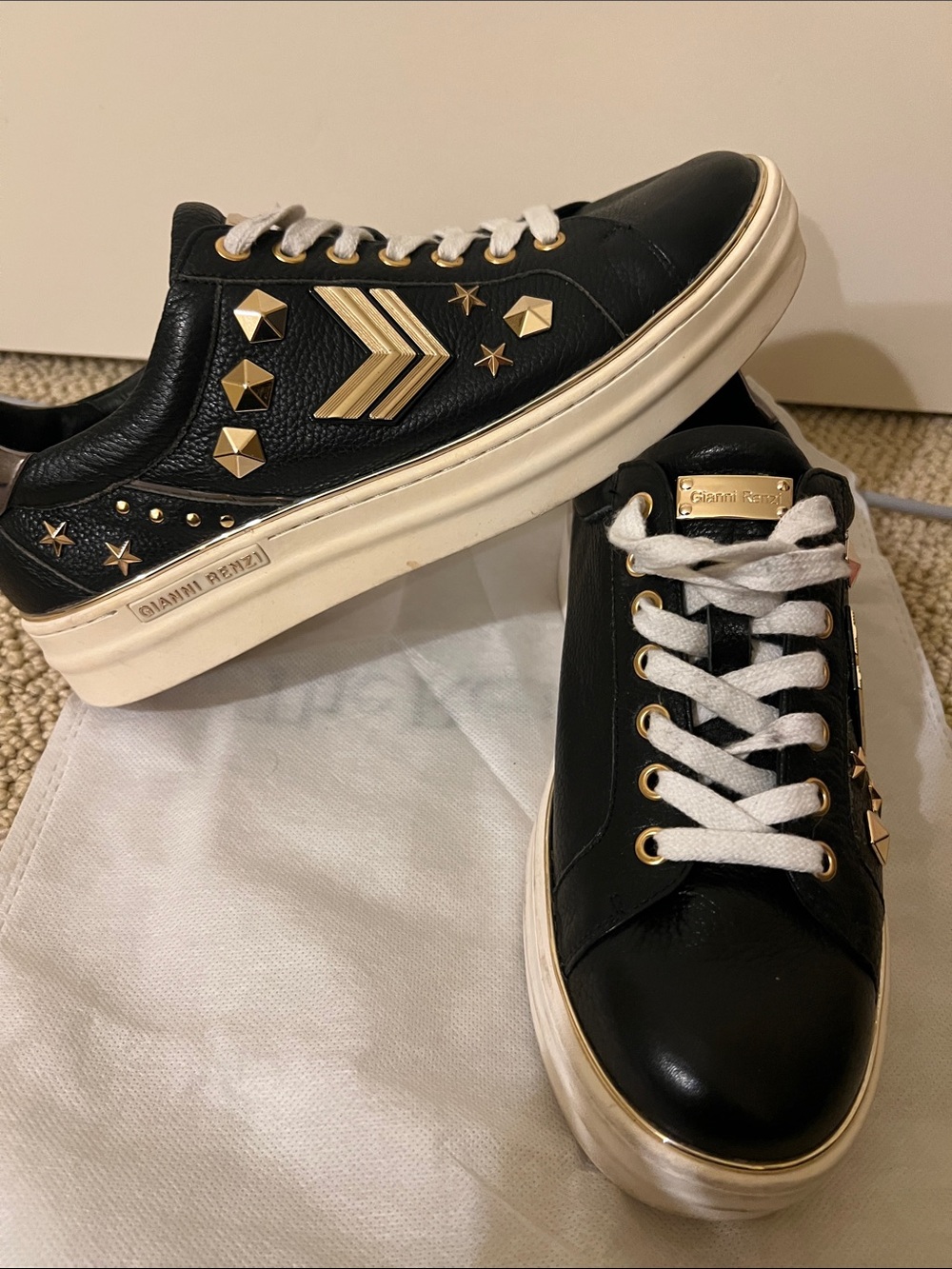 Black Leather Platform Sneakers with Gold Stud Accents